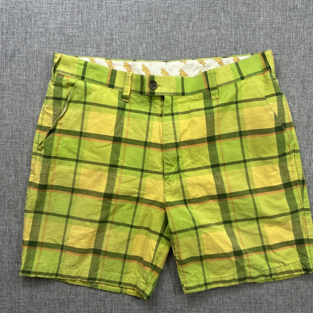Loudmouth Men's Golf Shorts BRIGHT Green Yellow Plaid Check Cotton Bermuda Sz 36